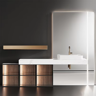White Marble Countertop Bathroom Sink With Gold Faucet Round Mirror Wooden Cabinet And Dark Wall 3d model