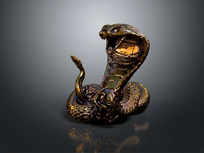 Reptile Cobra Sculpture With Golden Shiny Coiled Body Open Mouth And Dark Background 3d model
