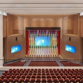 Spacious Auditorium Interior With Red Seats Two Levels And Wooden Walls