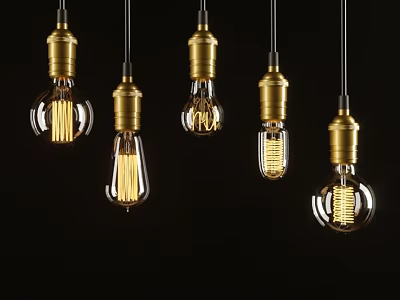 Vintage Golden Pendant Lights With Clear Glass Bulbs And Filament On Black Background 3d model