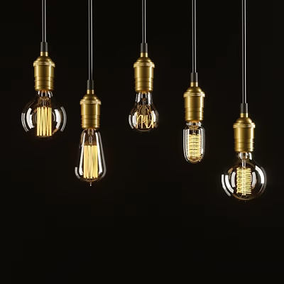 Vintage Golden Pendant Lights With Clear Glass Bulbs And Filament On Black Background 3d model