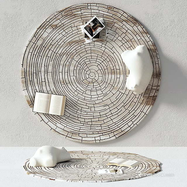 Round Rug with Tree Ring Pattern Featuring Open Book and White Decorative Object 3d model