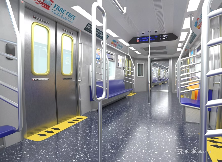 Subway Train Interior With Fare Free Sign Blue Seats Yellow Warning Stripes And Silver Doors 3d model 