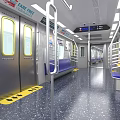 Subway Train Interior With Fare Free Sign Blue Seats Yellow Warning Stripes And Silver Doors