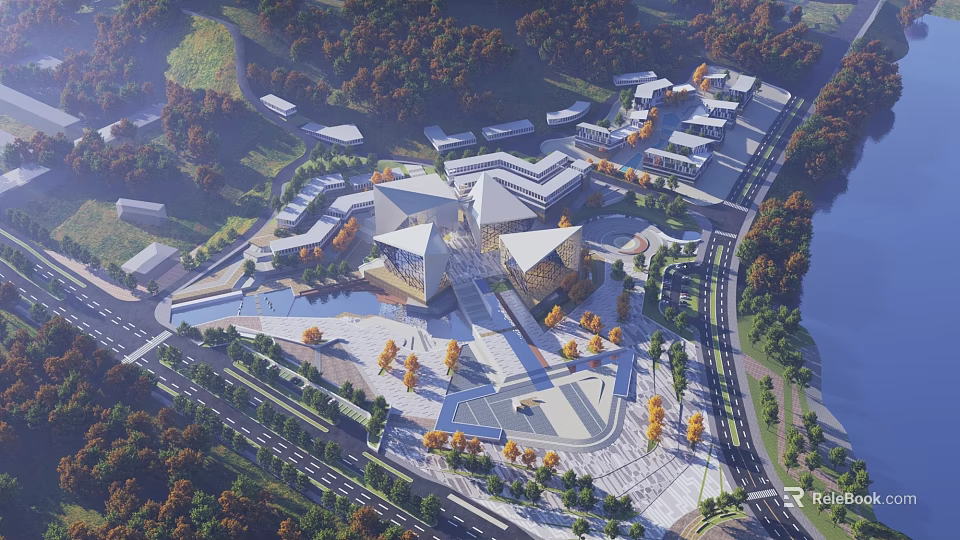 Aerial View Planning of Large Building Complex with Trees Roads and Green Spaces 3d model 
