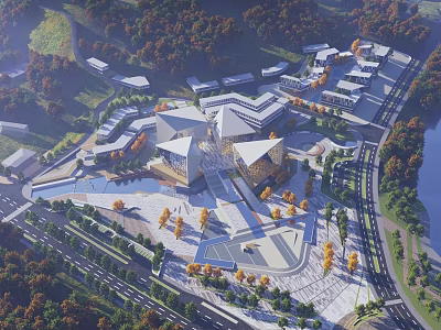 Aerial View Planning of Large Building Complex with Trees Roads and Green Spaces 3d model