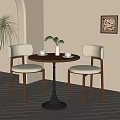 Round Wooden Table and Chair Set with Beige Cushions Vase Plant and Decorative Painting