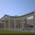 Modern School Building With Curved Wave Roof Large Glass Windows And Lawn Area