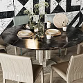 Elegant Round Marble Dining Table Set with Beige Leather Chairs Decorative Vase and Geometric Wall