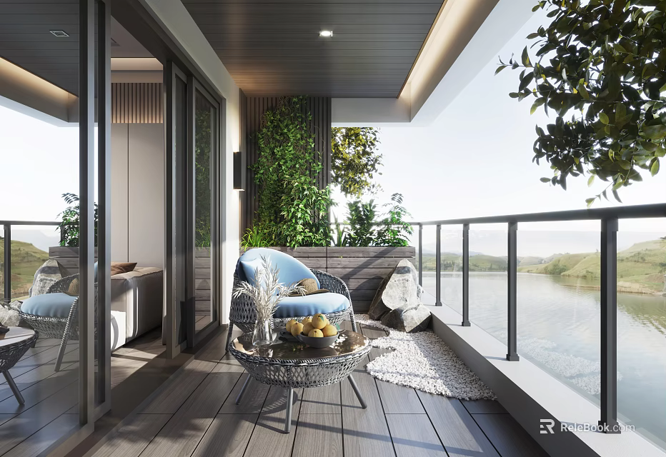 Cozy Home Balcony Design With Blue Sofa Side Table Green Plant Wall And Water View 3d model 
