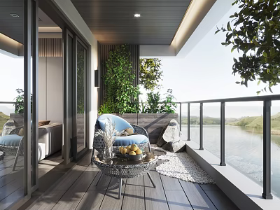 Cozy Home Balcony Design With Blue Sofa Side Table Green Plant Wall And Water View 3d model