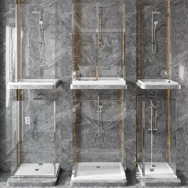 Modern Shower Sauna Interior With Marble Wall Glass Enclosure And Shower Heads 3d model 
