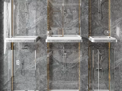 Modern Shower Sauna Interior With Marble Wall Glass Enclosure And Shower Heads 3d model