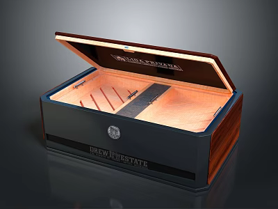 Drew Estate Premium Wooden Cigar Humidor With Open Lid And Interior Storage Compartments 3d model