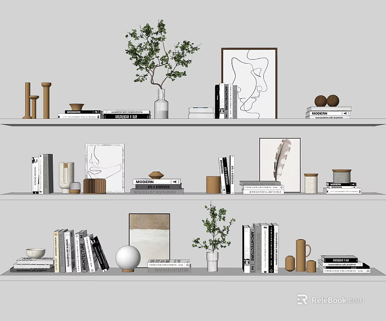 Modern Minimalist Shelf Decorative Ornaments Set With Books Potted Plant Vases Art Frames And Sculptures 3d model 