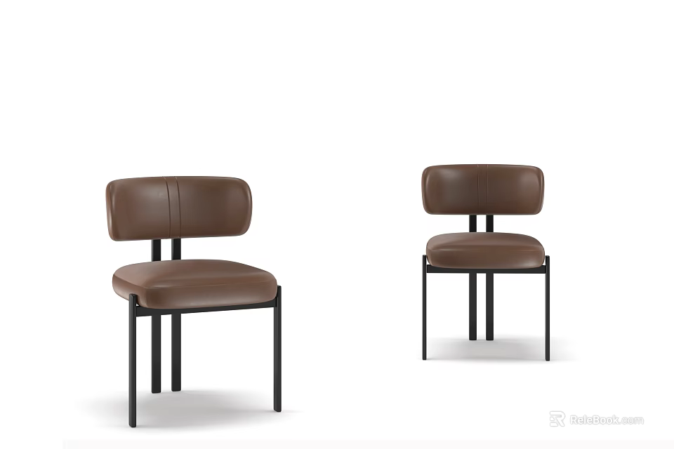 Set of Two Modern Dining Chairs with Brown Leather Seats and Black Metal Frames 3d model 