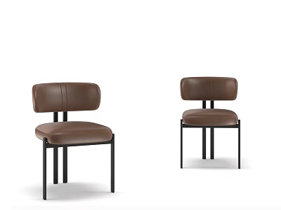 Set of Two Modern Dining Chairs with Brown Leather Seats and Black Metal Frames 3d model