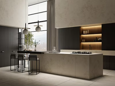 Modern Restaurant Kitchen With Island Counter Large Windows Mountain View Dark Cabinets And Bar Stools 3d model
