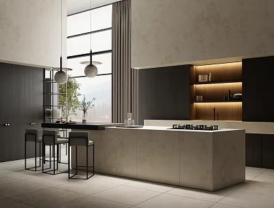 Modern Restaurant Kitchen With Island Counter Large Windows Mountain View Dark Cabinets And Bar Stools 3d model