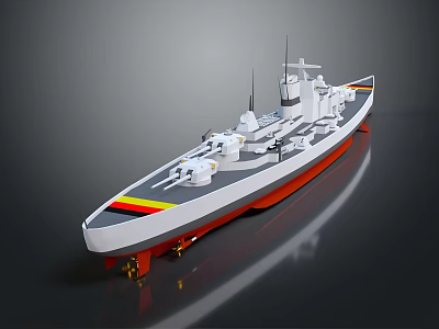 Gray Warship With Red Bottom German Flag Stripes And Naval Bridge Structure 3d model