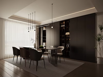 Modern Elegant Restaurant Interior With Dining Table Chairs Pendant Lights Wine Cabinet And Plant 3d model