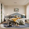 Cozy Children's Bedroom With Soft Bedding Wooden Blocks And Colorful Wall Art On Blue Rug
