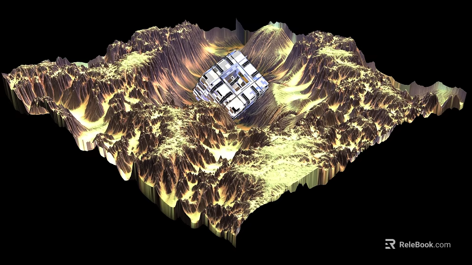 Art Installation Featuring Square Structure On Mountainous Terrain With Golden Brown Hues Against Black Background 3d model 