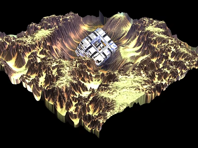 Art Installation Featuring Square Structure On Mountainous Terrain With Golden Brown Hues Against Black Background 3d model
