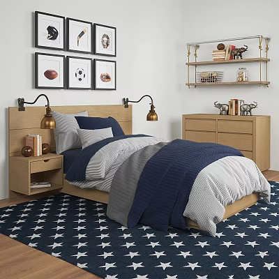 Kids Bed With Wooden Headboard Blue Gray Bedding Sports Themed Wall Art And Star Rug 3d model