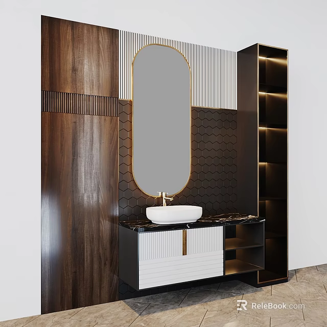 Modern Luxury Bathroom Sink Vanity With Gold Frame Oval Mirror And Marble Countertop 3d model 