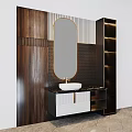 Modern Luxury Bathroom Sink Vanity With Gold Frame Oval Mirror And Marble Countertop