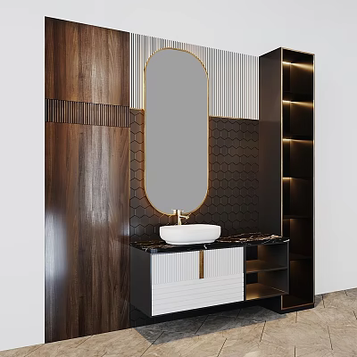 Modern Luxury Bathroom Sink Vanity With Gold Frame Oval Mirror And Marble Countertop 3d model