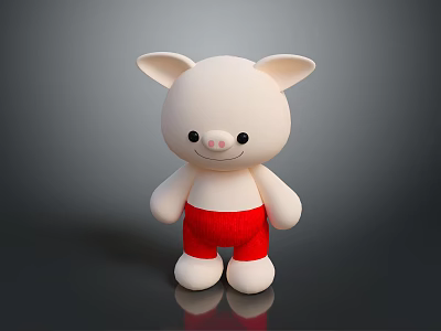 Cute White Pig Plush Toy With Red Shorts And Smiling Face On Dark Background 3d model