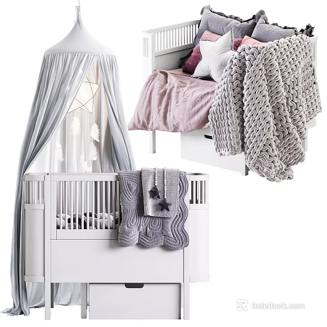 White Baby Crib With Star Canopy Gray Knitted Blanket And Pink Pillows 3d model 