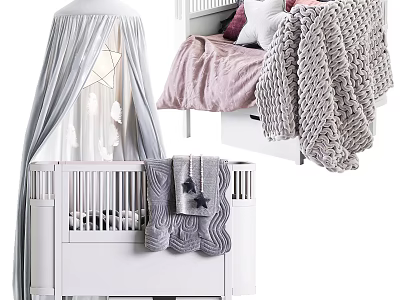 White Baby Crib With Star Canopy Gray Knitted Blanket And Pink Pillows 3d model