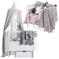 White Baby Crib With Star Canopy Gray Knitted Blanket And Pink Pillows
