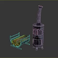 Metal Wood Burning Stove With Tall Chimney And Metal Log Storage Rack