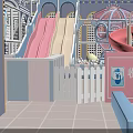 Colorful Kids Playground With Pink Beige Slides Castle Like Structures White Picket Fence And Cashier