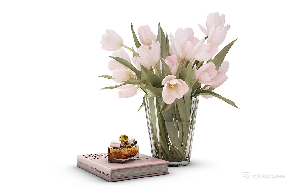 Glass Vase With Pink Tulips And Book With Dessert On White Background 3d model 