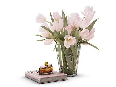 Glass Vase With Pink Tulips And Book With Dessert On White Background 3d model