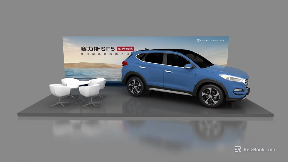 Seres SF5 Huawei Smart Selection Blue SUV Display With White Chairs And Table 3d model 