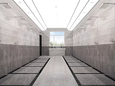Elegant Spacious SPA Sauna Interior Design With Marble Walls Tiled Flooring Soft Lighting And Windows 3d model