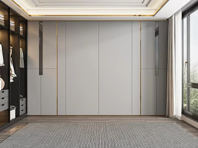 Bedroom Accent Wall Modern Gray With Golden Lines Open Closet Wardrobe Wooden Floor And Rug 3d model