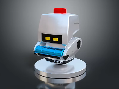Silver Robot Device With Red Top Yellow Eyes Blue Components Round Base And M10 Label 3d model