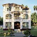 Two Story Detached Villa With White Exterior Balcony Arched Windows And Palm Trees
