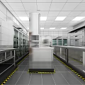 Commercial Kitchen Interior With Stainless Steel Worktables Sinks Vent Hoods And Tiled Walls