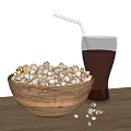 Crispy Popcorn in Wooden Bowl with Refreshing Cola and Straw on Table