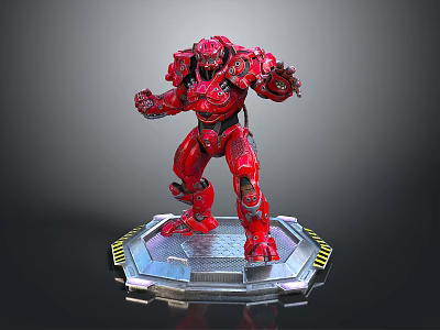 Red Mechanical Creature Character In Dynamic Stance On Hexagonal Platform Base 3d model