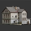 Old Style House Building With Light Exterior Walls Gray Roof Chimney And Green Trim Windows