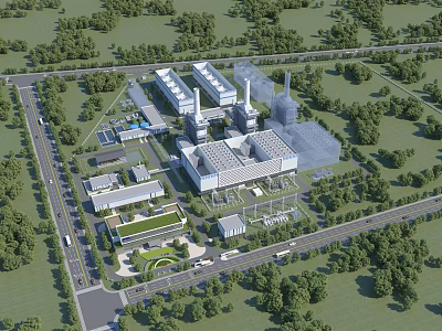 Industrial Factory Aerial View With Surrounding Greenery Multiple Buildings And Access Roads 3d model